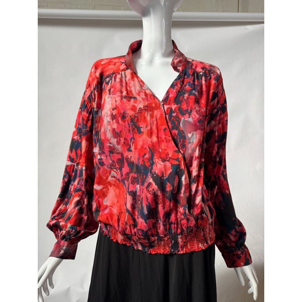 Soft Surroundings Womens Red Floral Blouse With Elastic Hem & Button Cuffs Size